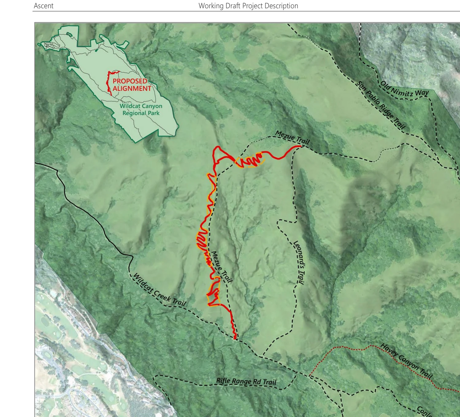 Figure 2-2: Proposed trail alignment showing switchbacks crossing Mezue fire road, with bail-out points where riders can exit
