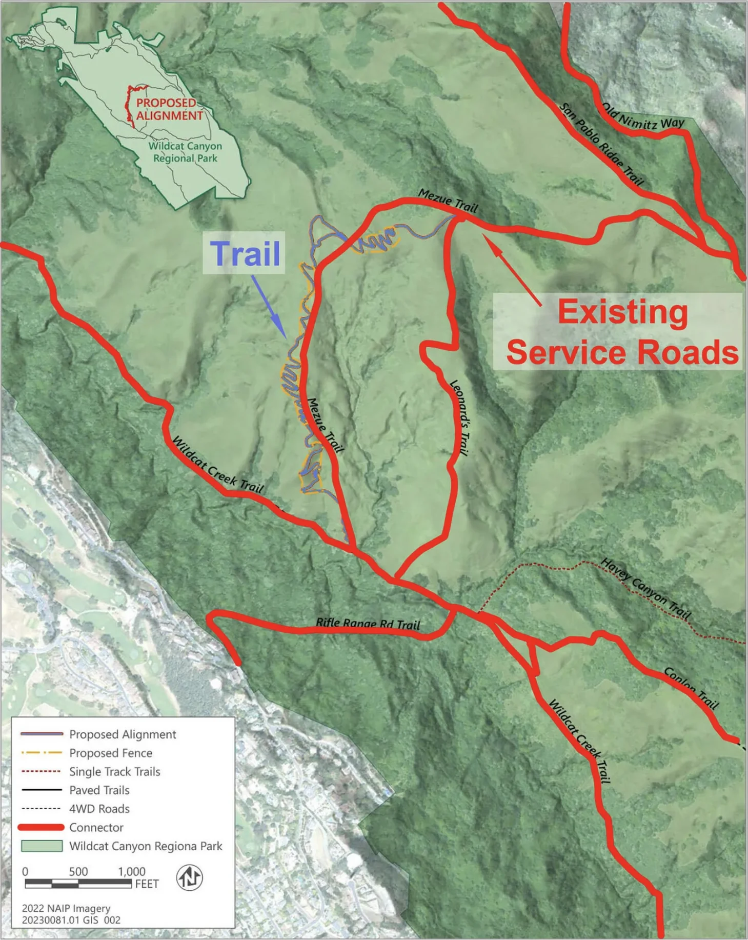 EBRPD Figure 2-2 showing the proposed flow trail as a thin line beside the far heavier network of existing service roads crossing Wildcat Canyon Regional Park