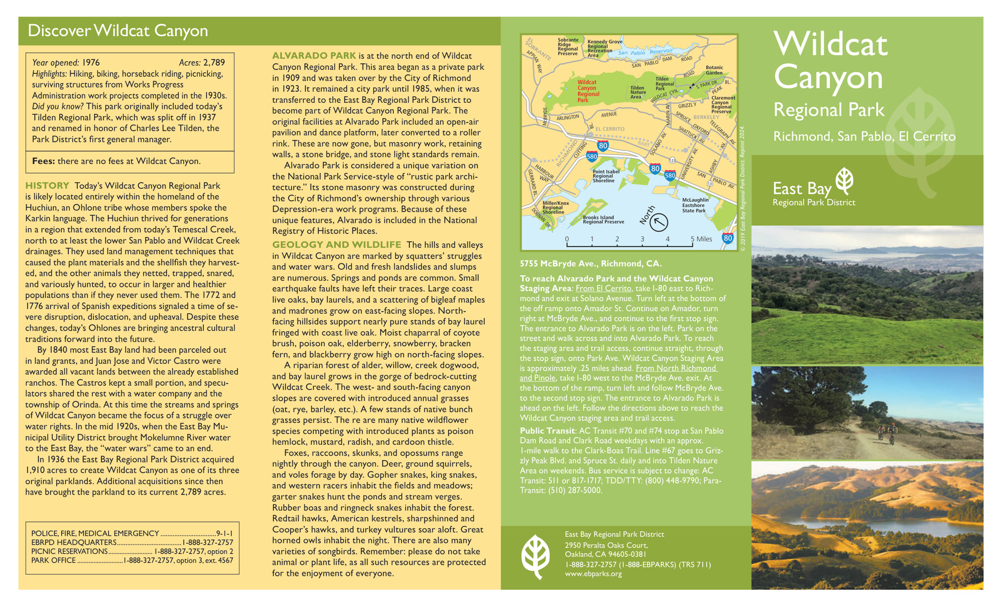 EBRPD official Wildcat Canyon map: the legend marks paved and unpaved trails as Hiker, Biker, Horse, and nearly every major trail is a dashed blue biker-permitted line